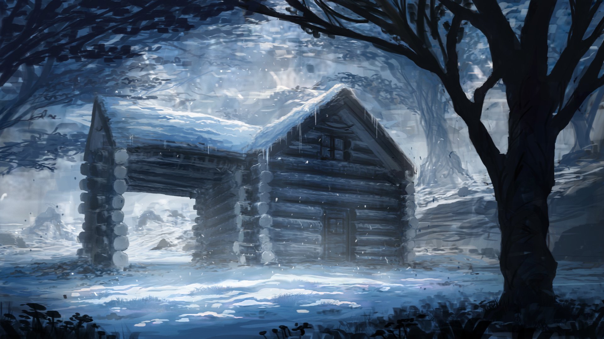 painting art winter snow house tree