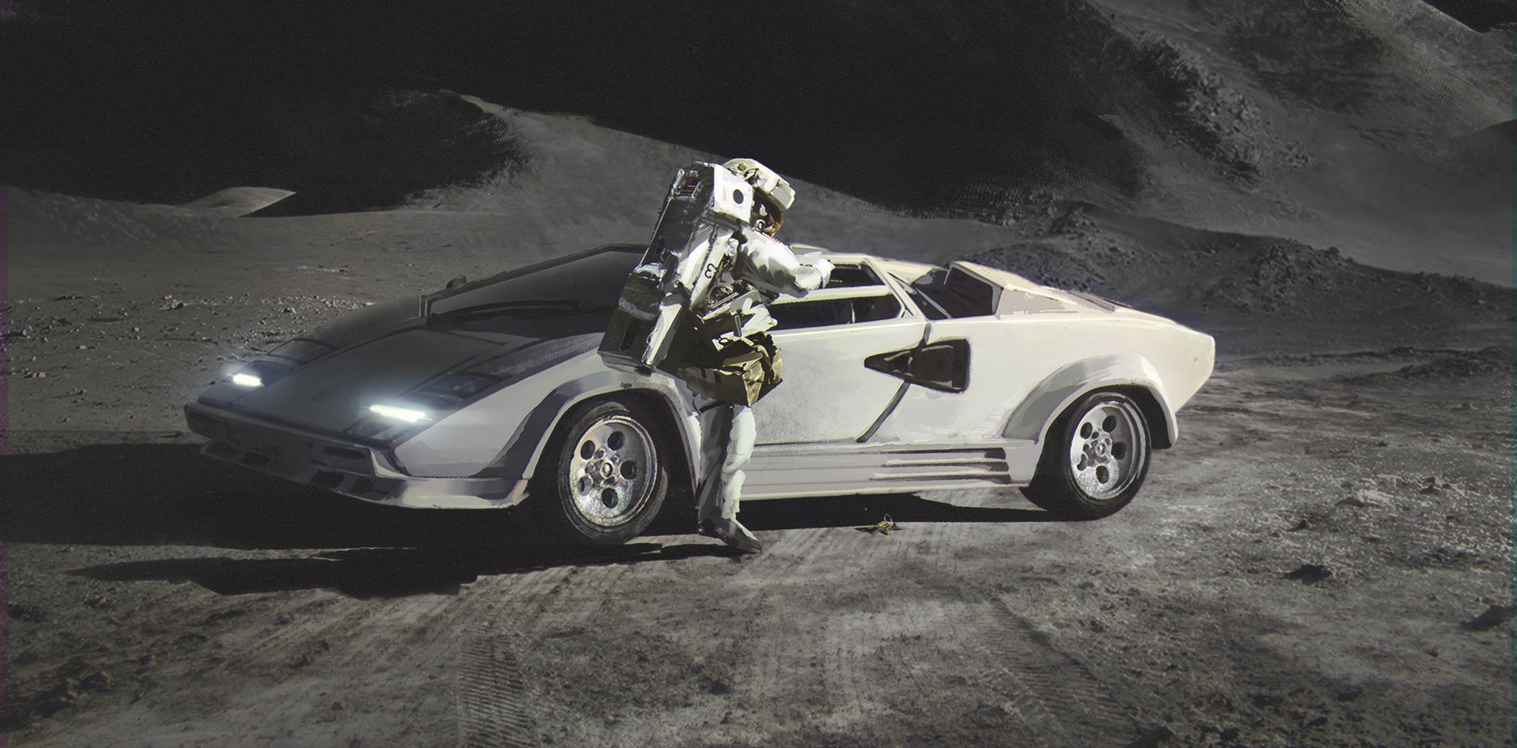 lamborghini countach astronauta księżyc malarstwo sanva