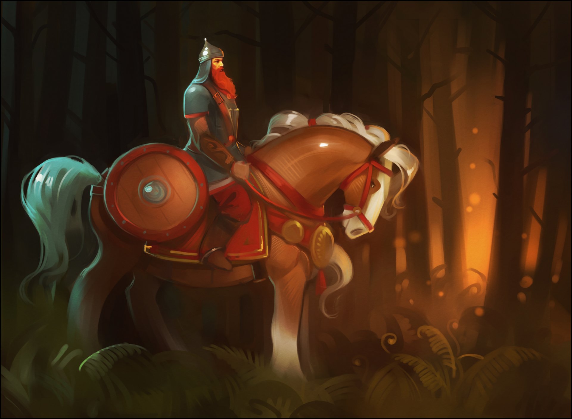 hero warrior horse shield forest trees folklore hero