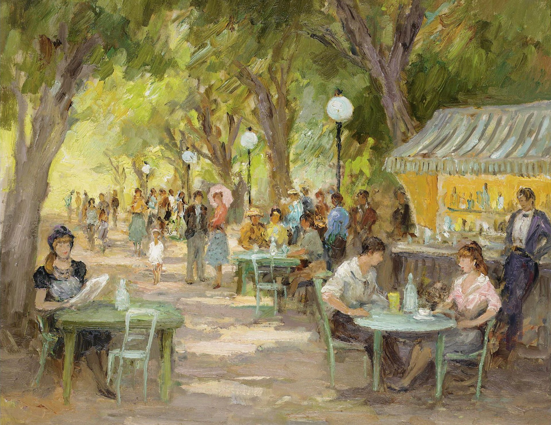 marcel dief café des champs-élysées peinture genre arbres ruelle gens