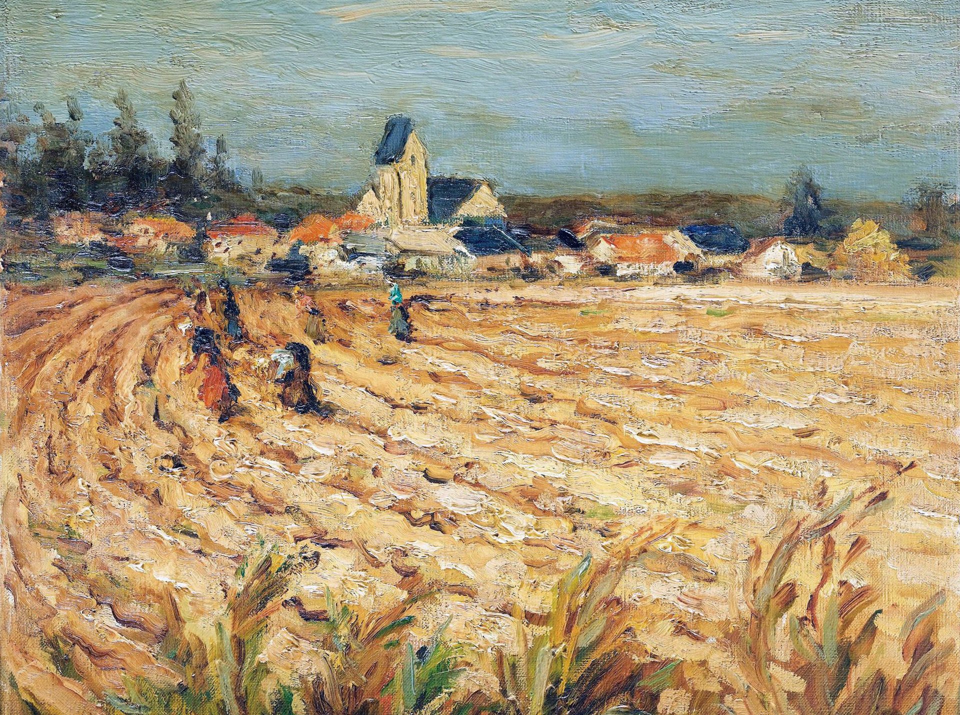 marcel dif donne in un campo di grano pittura paesaggio raccolto case alberi