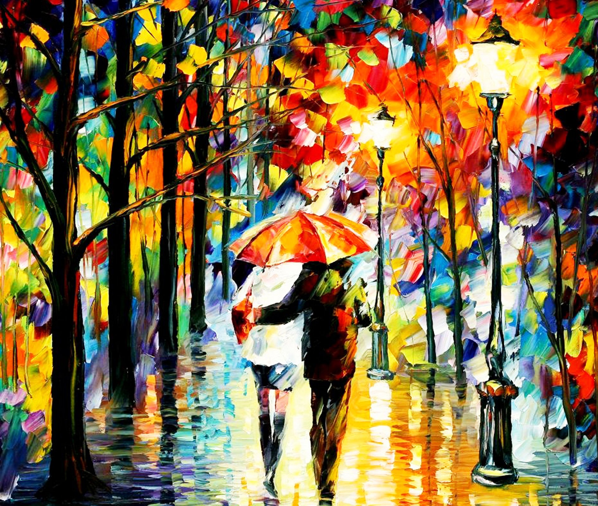 leonid afremov peinture genre automne pluie parapluie couple amoureux parc allée lanterne lumières