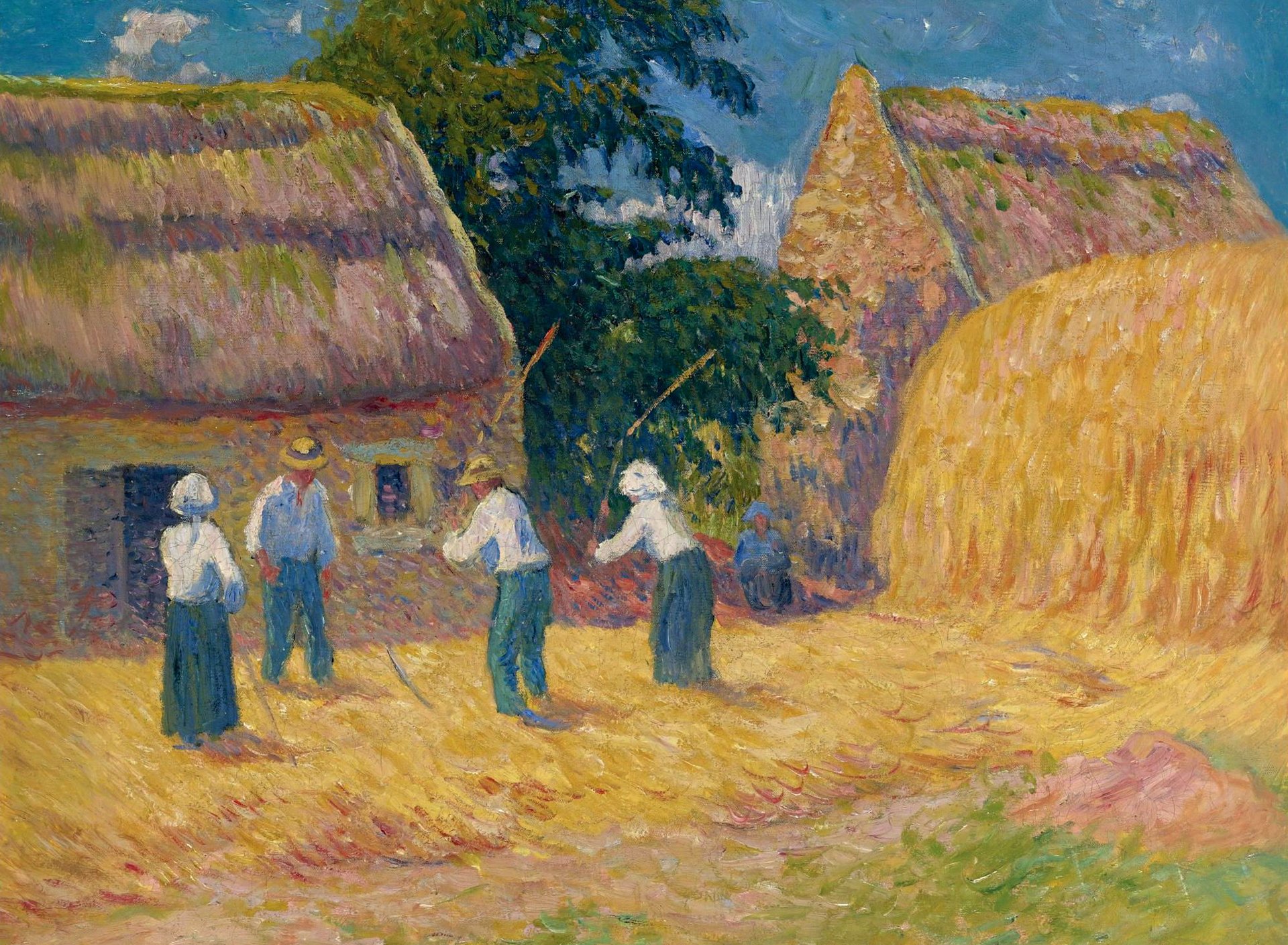 henri moret threshing of grain threshing grain pattern genre mototba yard stack house people