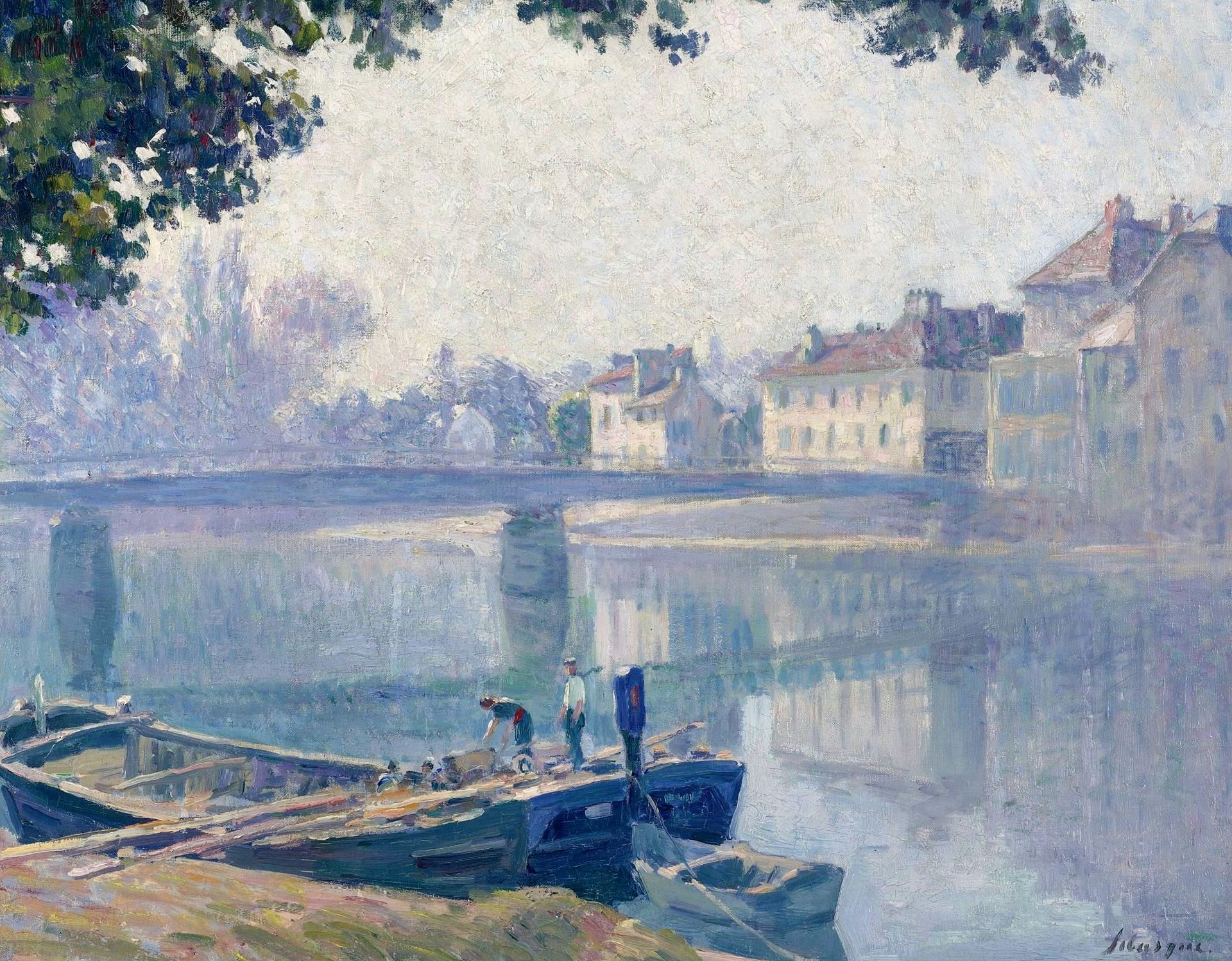 henri lebasque the banks of the marne pattern landscape town river bridge boat people