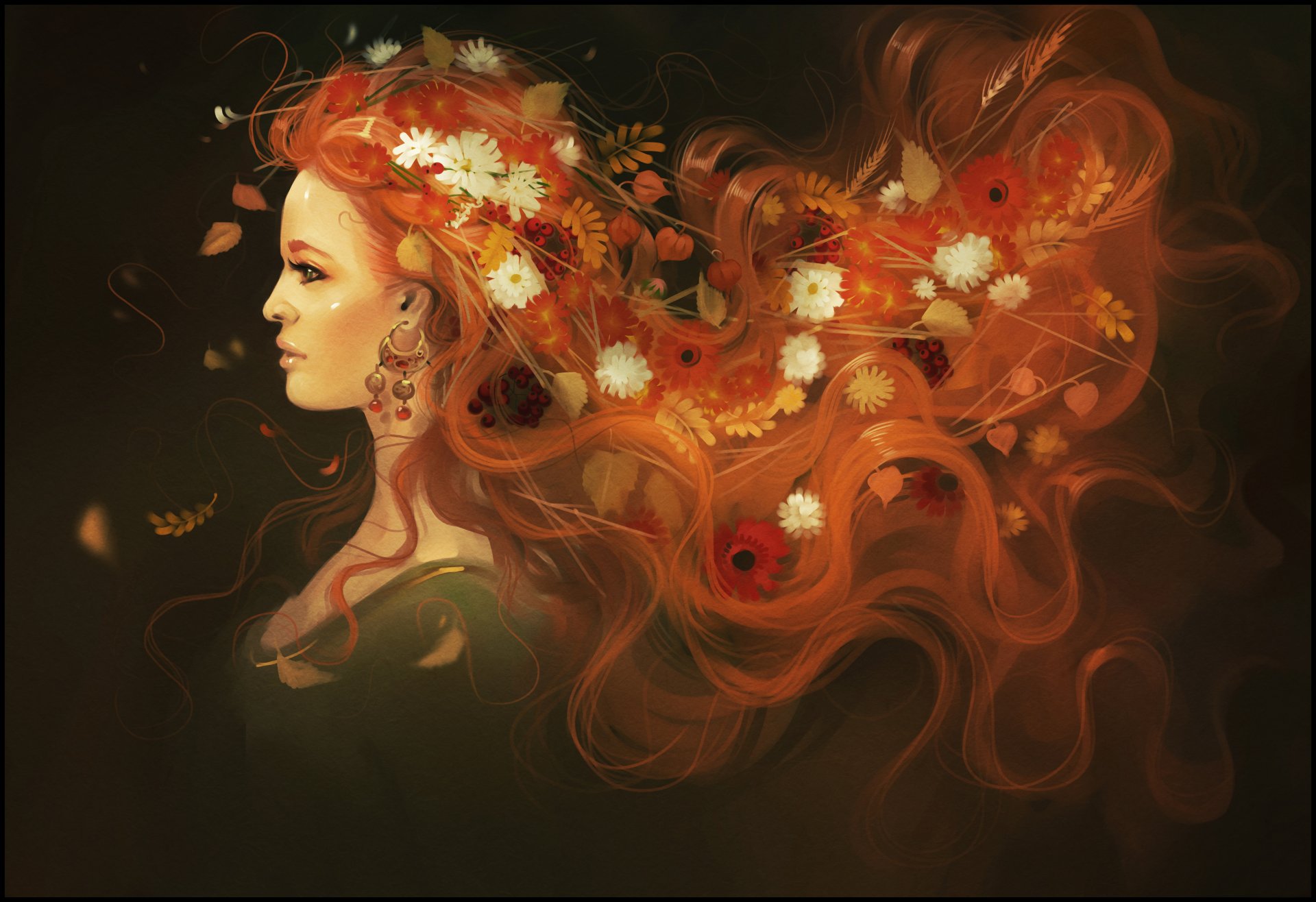 autumn girl beauty red art hair flower