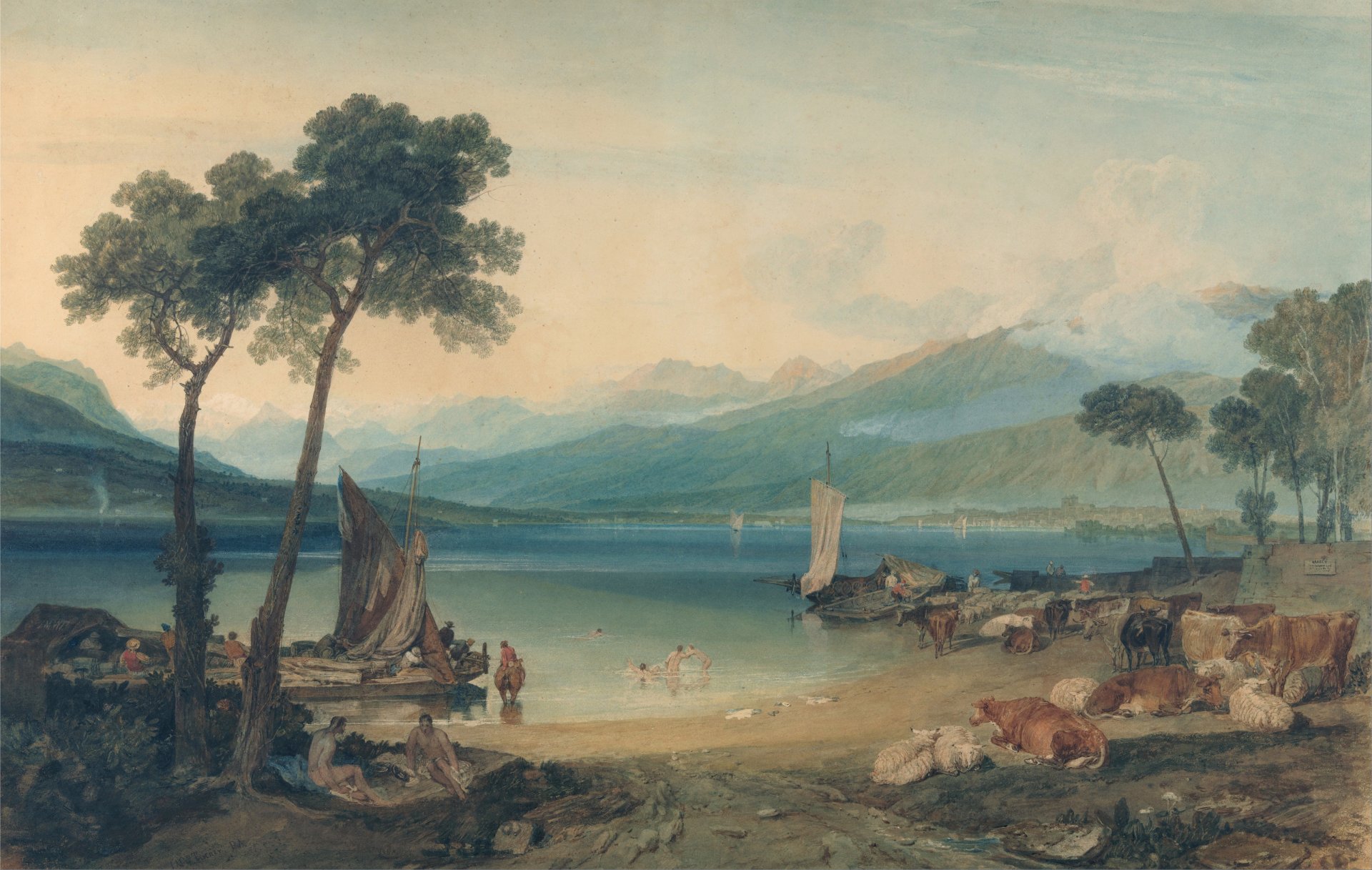 william turner lago di ginevra e monte bianco pittura paesaggio montagne barca vela mucche