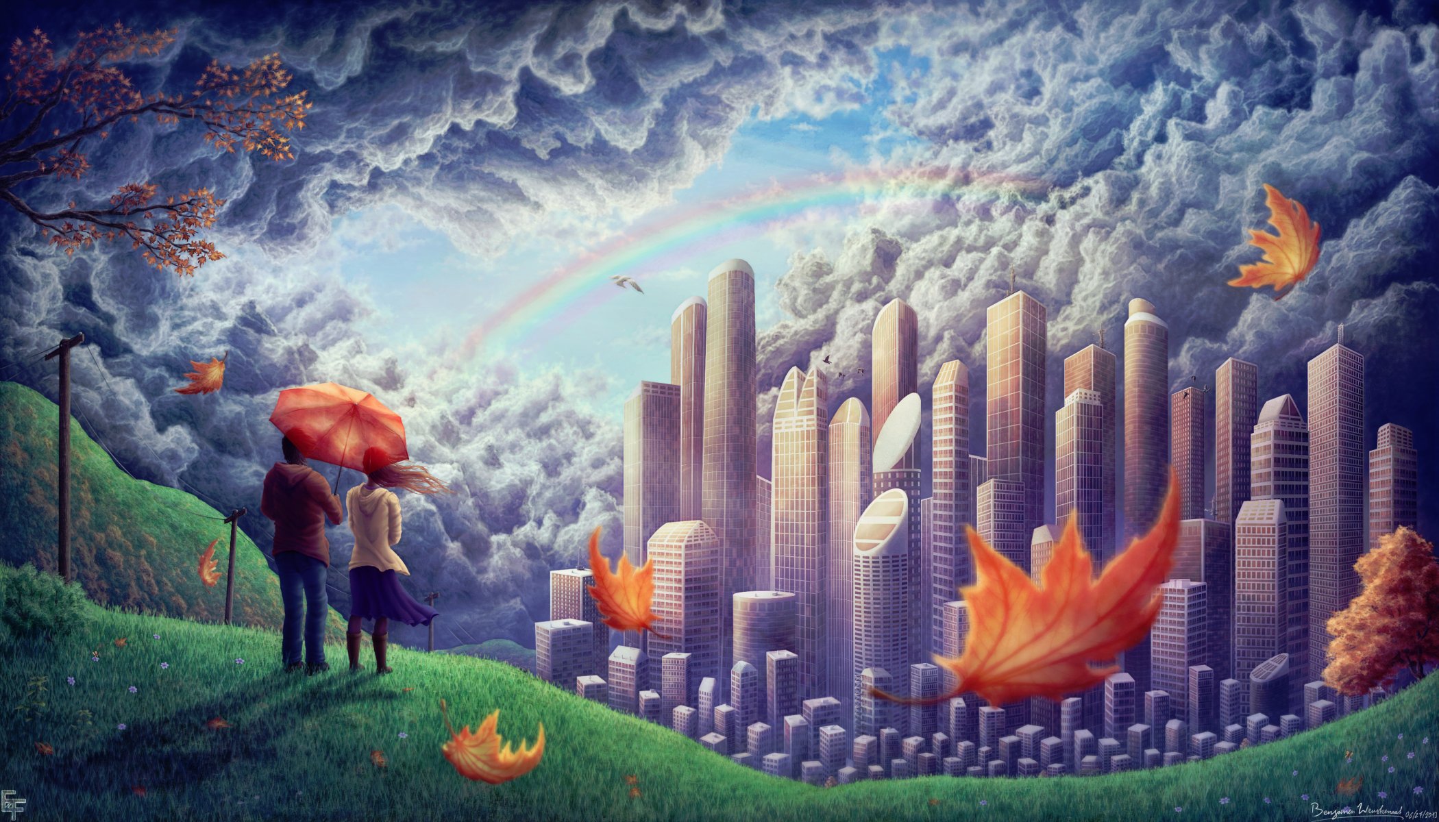 art the pair guy girl hill town clouds rainbow foliage wind bird