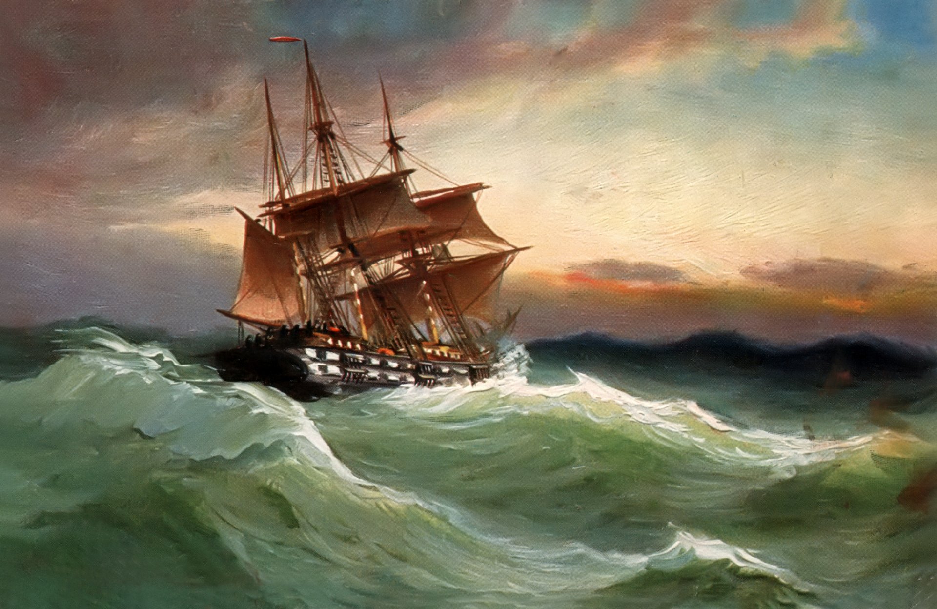 alfred jansen pattern landscape sea sky ship sail waves storm