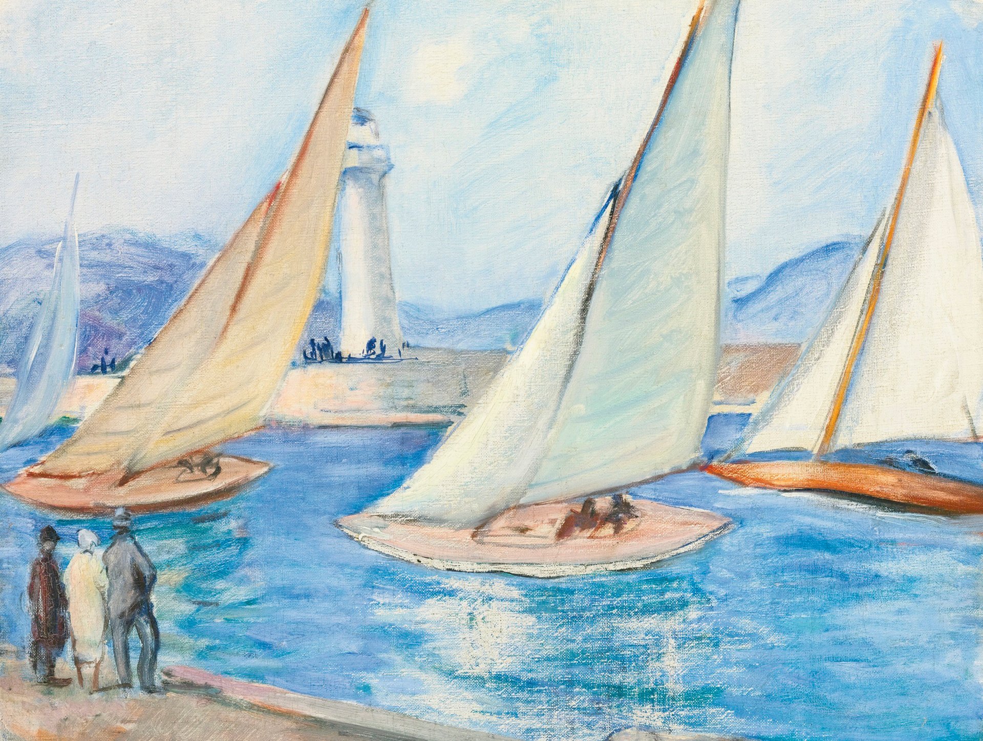 henri lebasque regatta-start in saint-tropez gemälde landschaft meer leuchtturm yachten segel