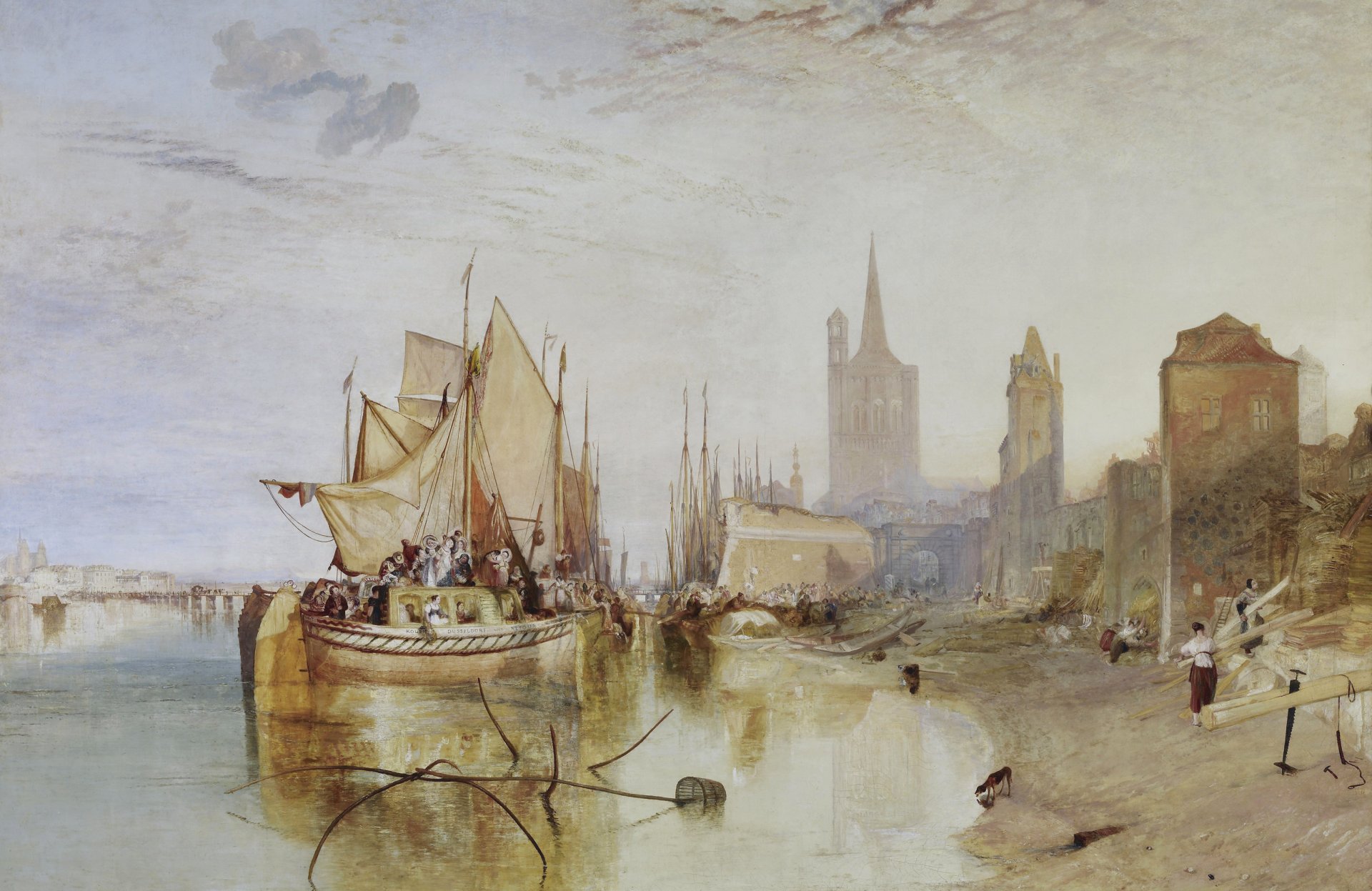 william turner colonia - arrivo del packetboat sera pittura paesaggio marino nave barca vela persone città