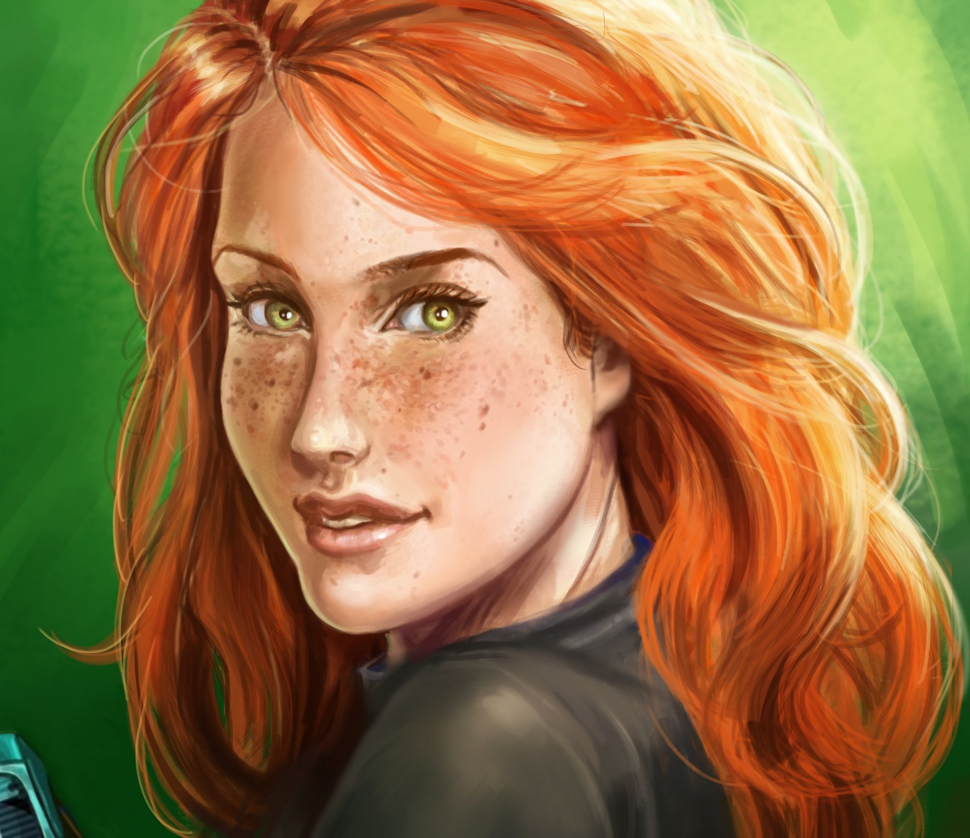 art fille rousse taches de rousseur vue yeux verts fond