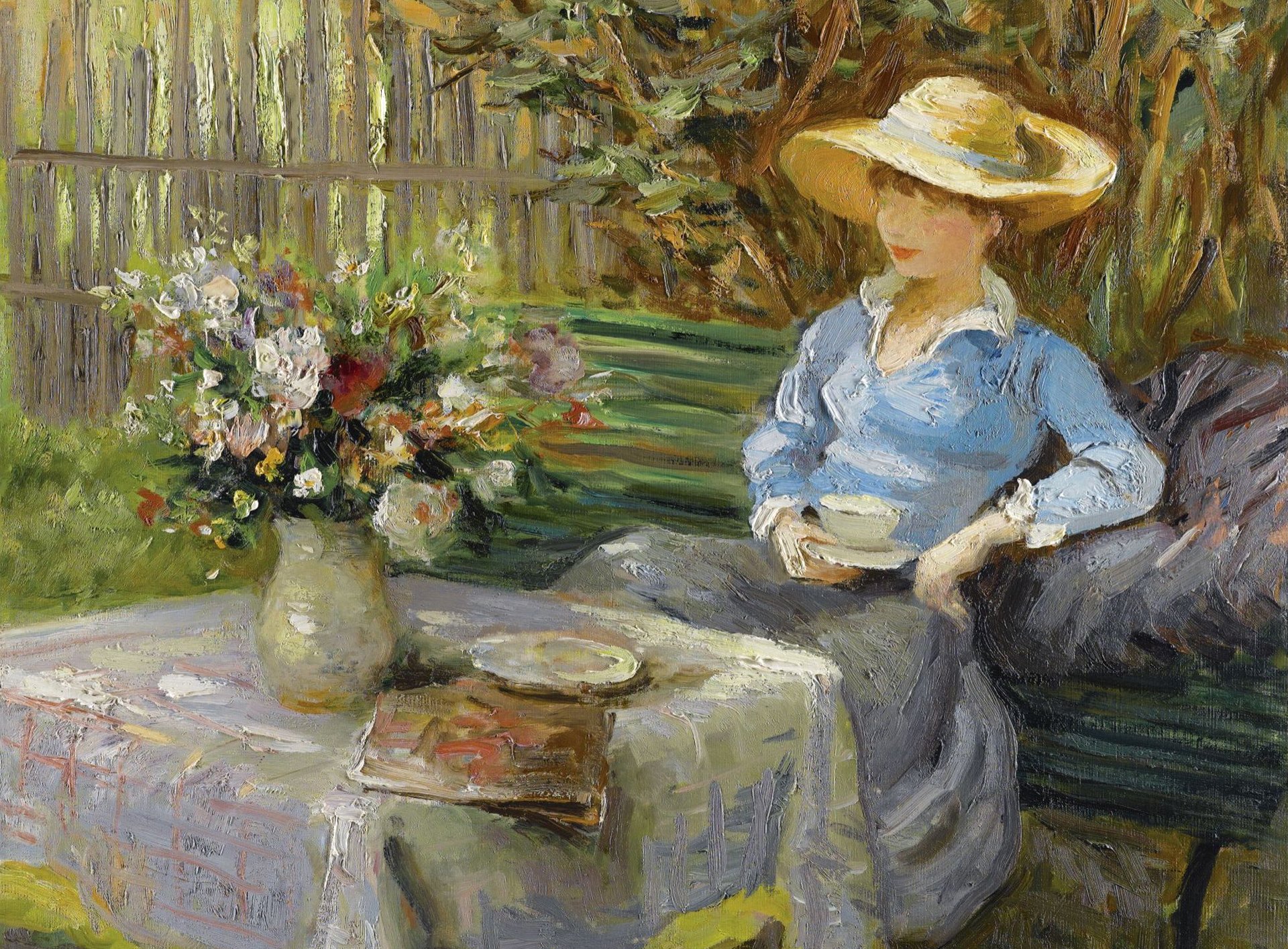 marcel dif giovane donna seduta su una panchina pittura genere tavolo vaso fiori bouquet