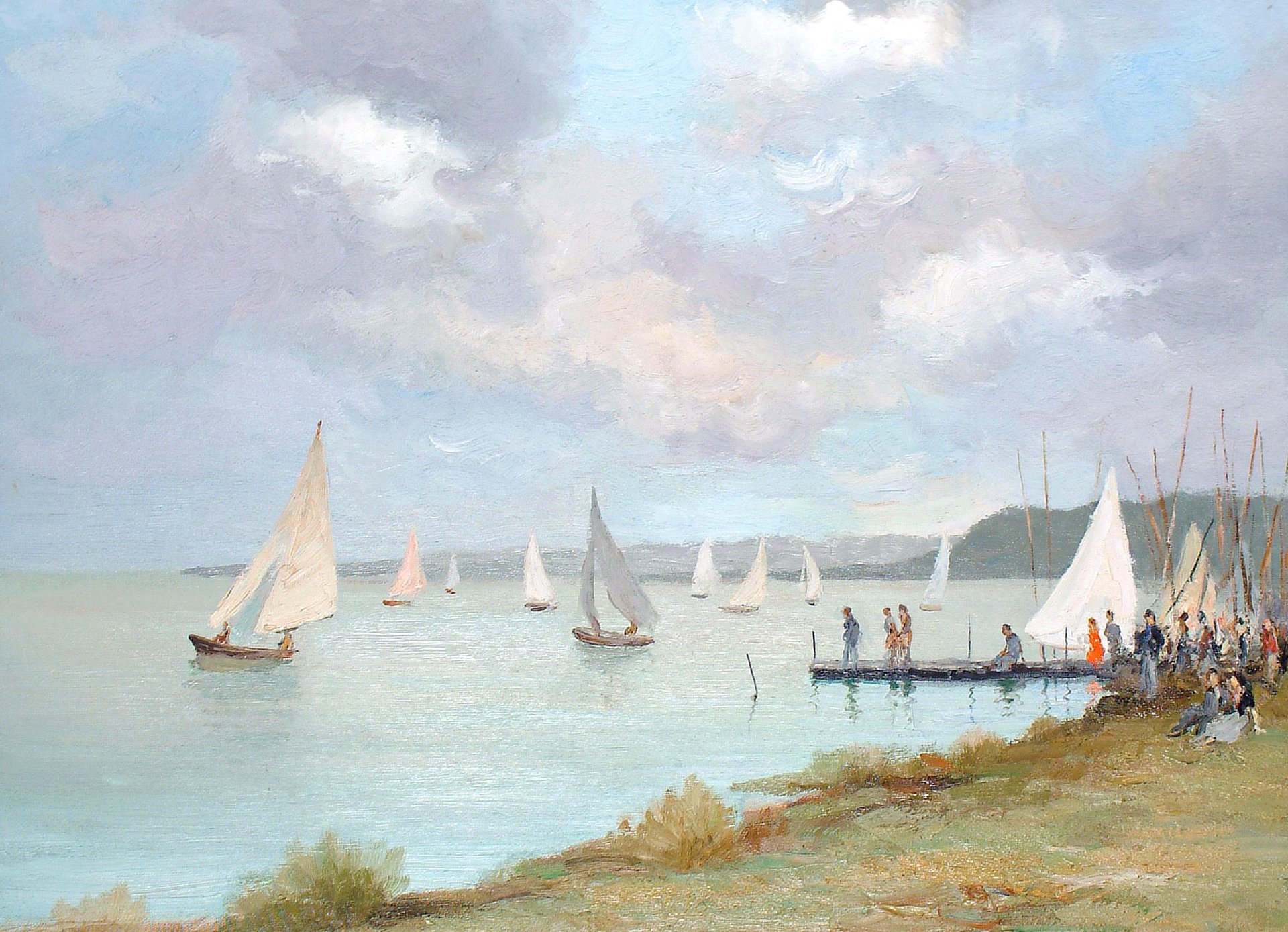 marcel dief régate sur etang san quentin peinture paysage marin bateau yacht voile personnes régate