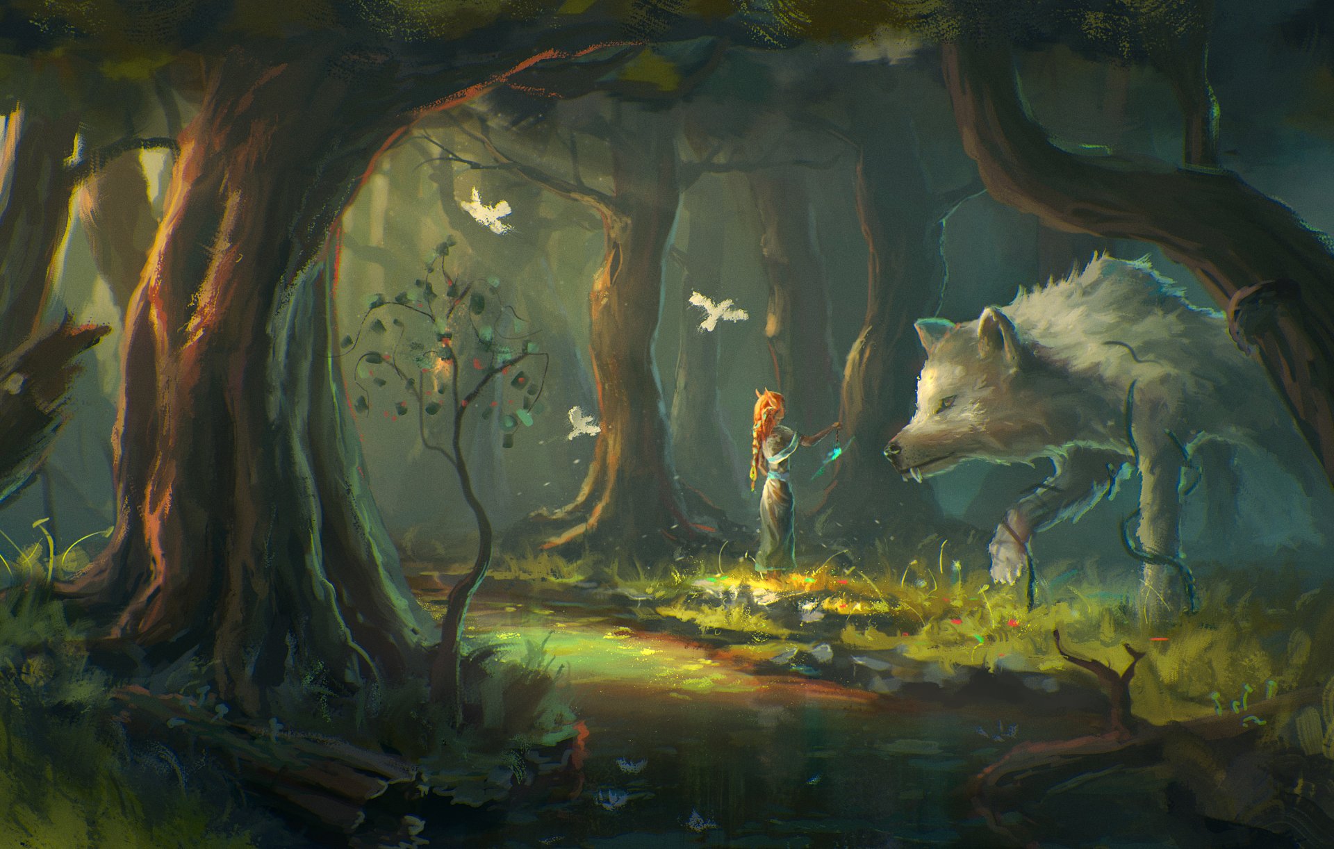 fille loup forêt art fantaisie arbres oiseaux