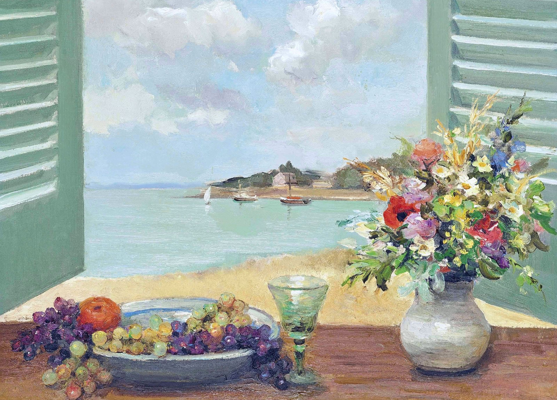 marcel dief fenster mit meerblick gemälde landschaft fensterläden blumen obst boot segel