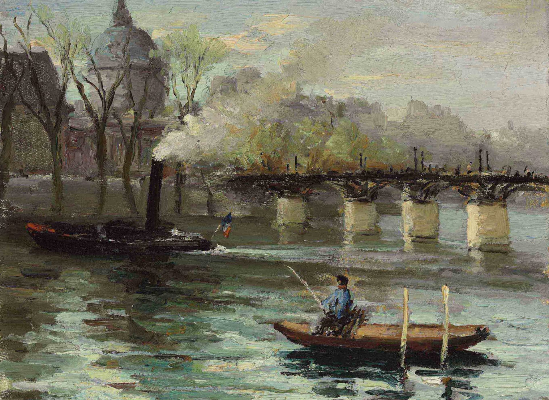 marcel dif sekwana w paryżu pont des arts i instytut francji obraz krajobraz most łódź łódź