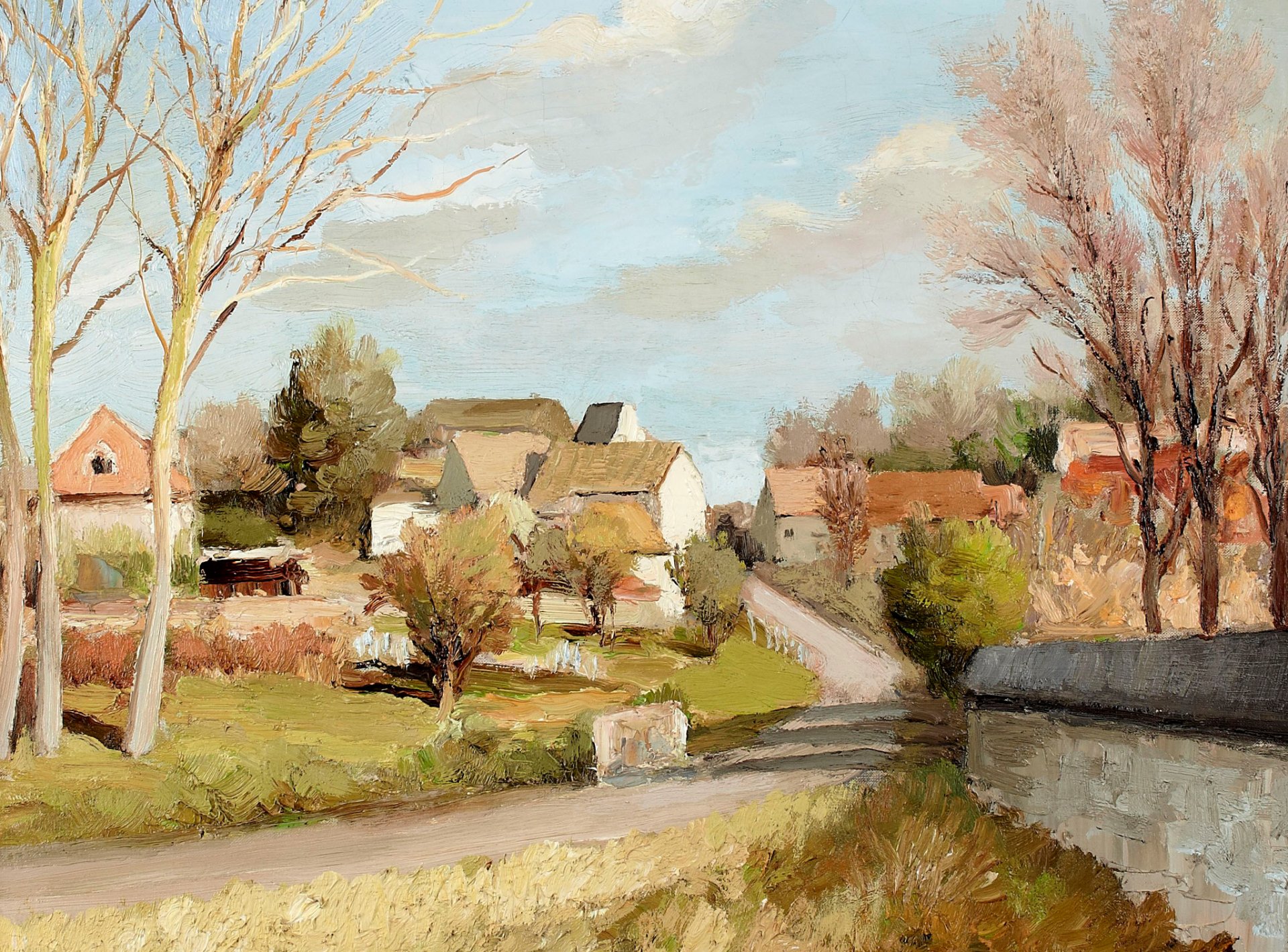 marcel dief trois peupliers à nofles-le-château peinture paysage route arbres maison