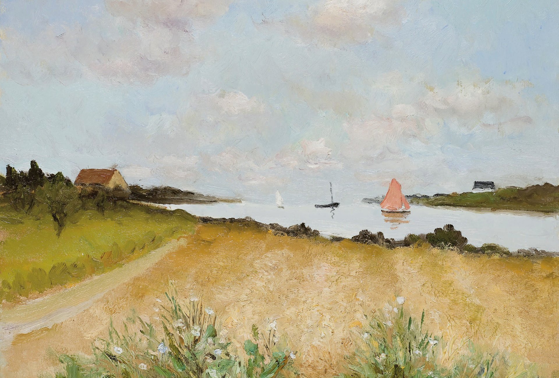 marcel dief blé en crouesty peinture paysage champ baie bateau voile