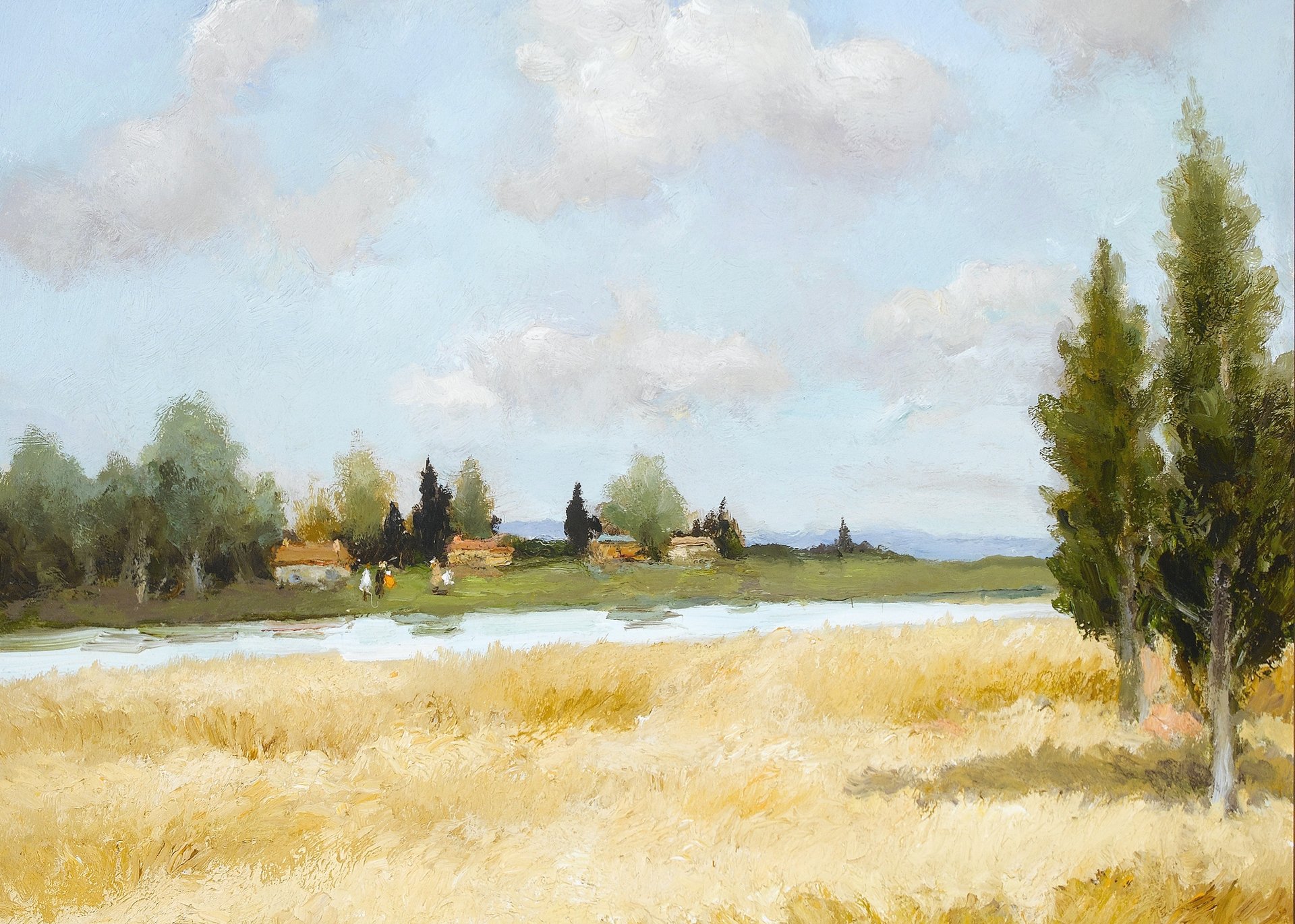 marcel dief weizen und fluss bild landschaft feld bäume häuser