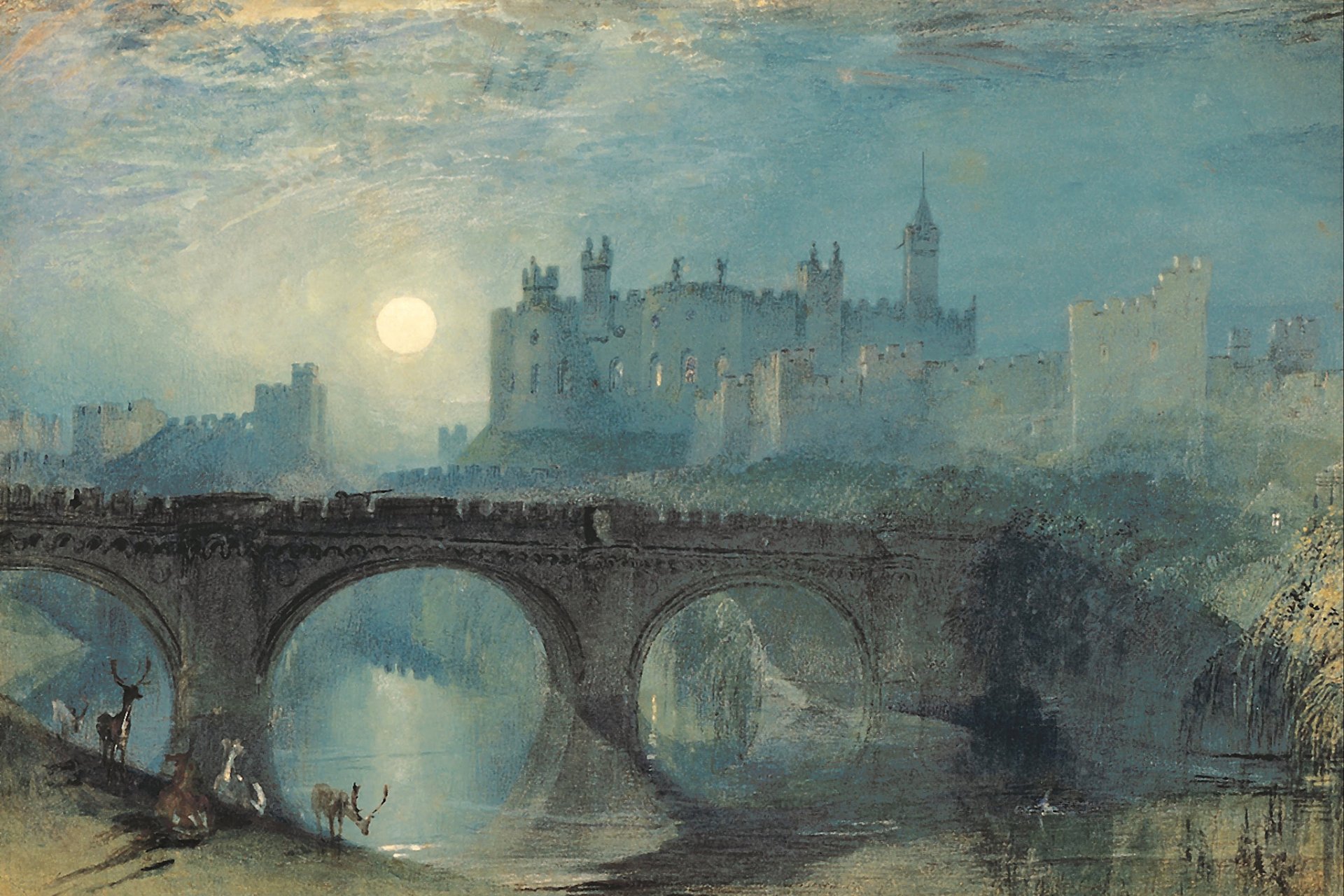 william turner castello di alnick pittura paesaggio sole tramonto fiume ponte cervi inghilterra