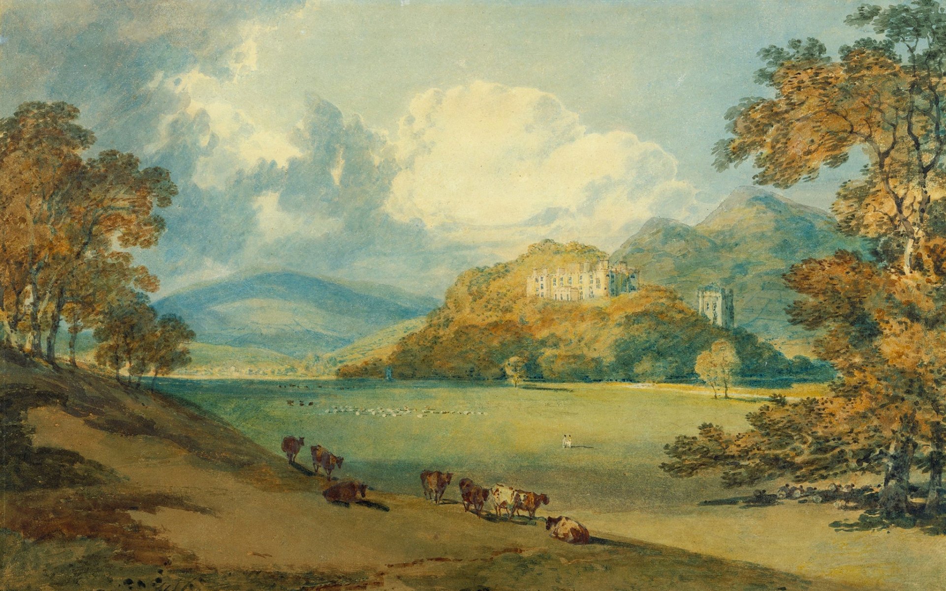 william turner vista del castello di dunster da nord-est pittura paesaggio montagna valle alberi castello mucche