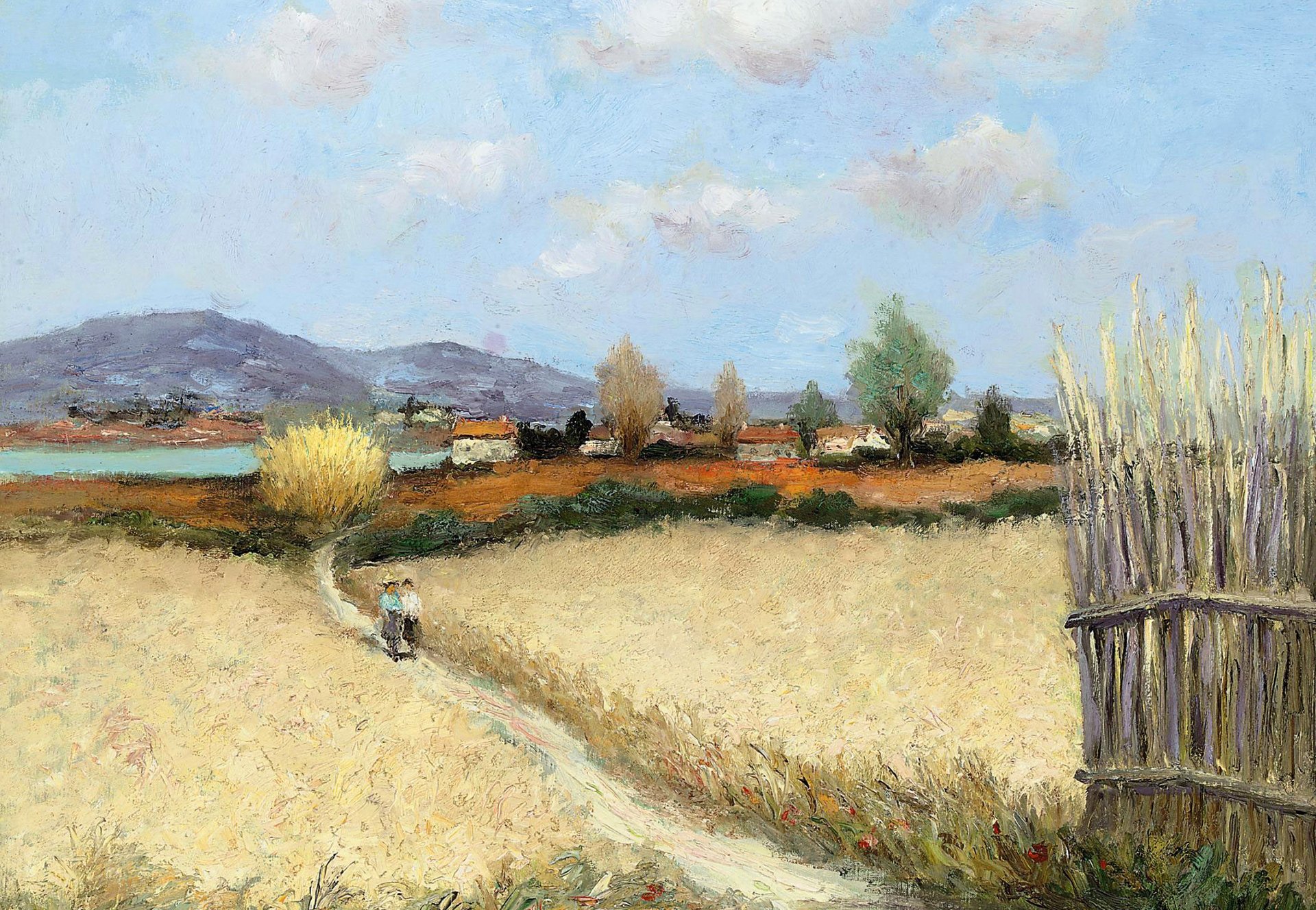 marcel dif orilla del río en provenza pintura paisaje campo camino gente camino casas montañas