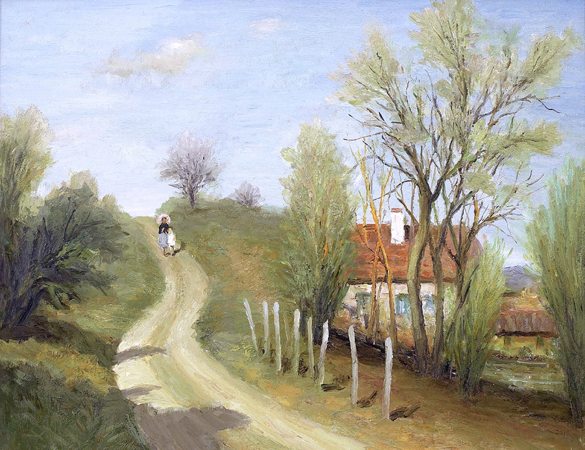 marcel dif pomeriggio passeggiata pittura paesaggio strada passeggiata collina casa alberi