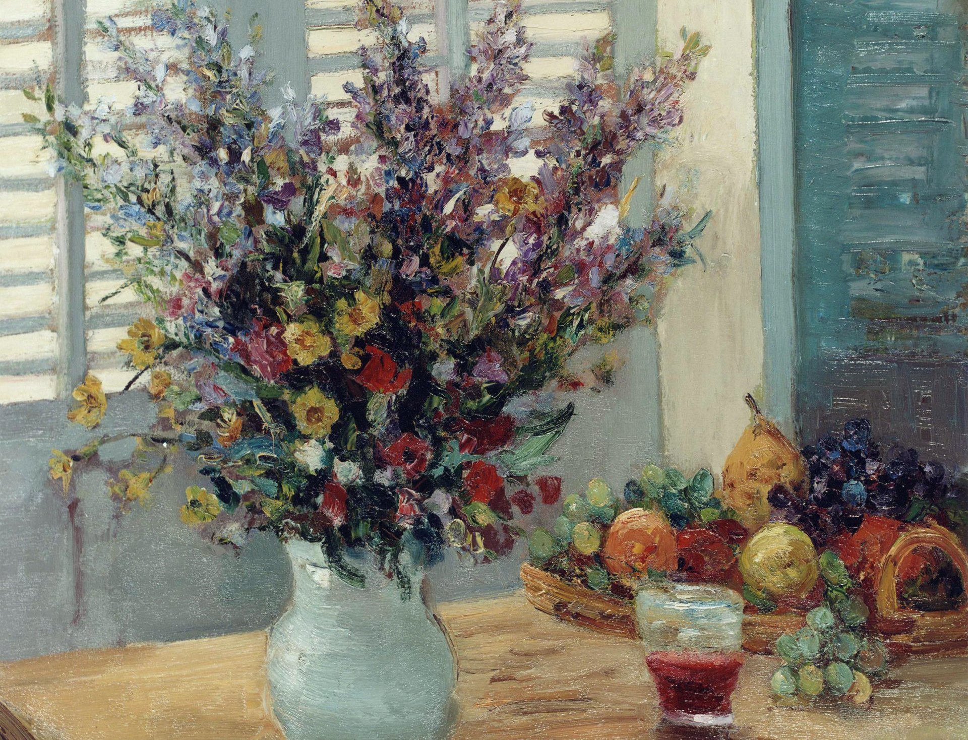 marseille differ vase with flowers and fruits on the table pattern still life