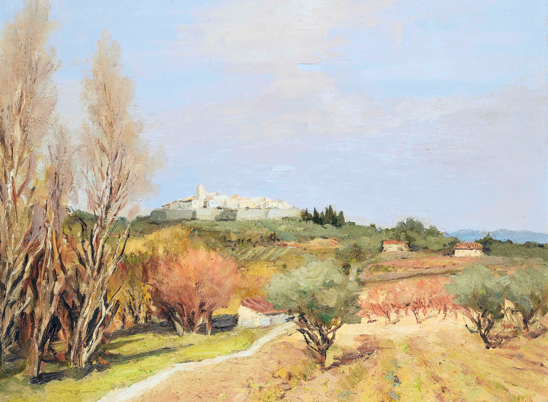 marcel dif vista de saint-paul-de-vence pintura paisaje colina ciudad torre árboles