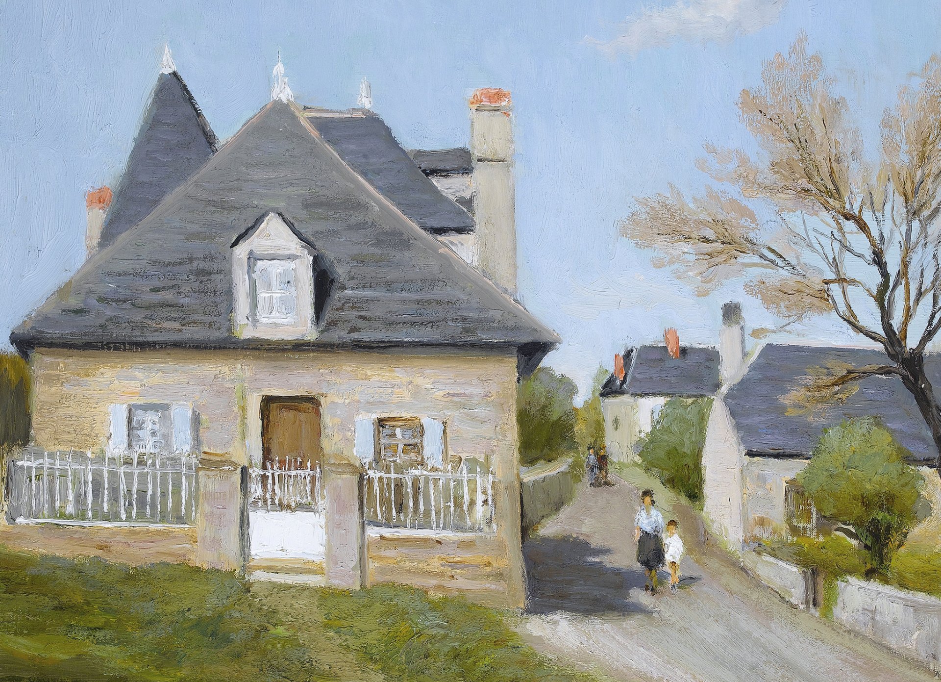 marcel dief promenade du matin peinture paysage urbain rue maisons gens