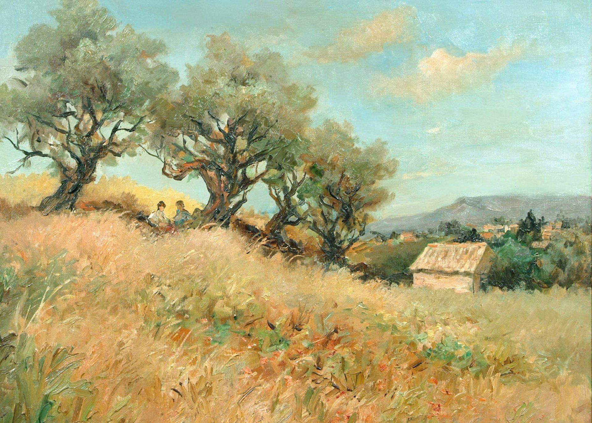 marcel dif olivos pintura paisaje árboles campo casa personas