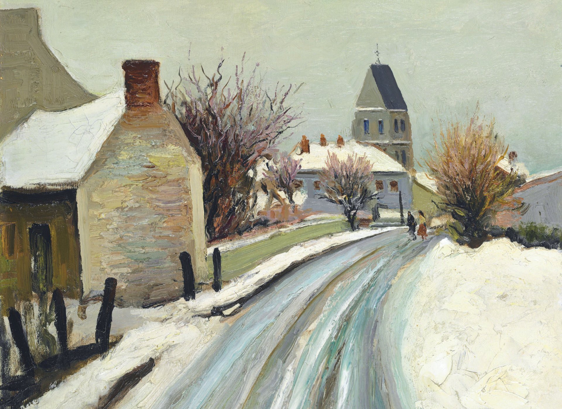 marcel dif calle perdreau bois en arcy en invierno pintura urbano paisaje nieve casa árbol