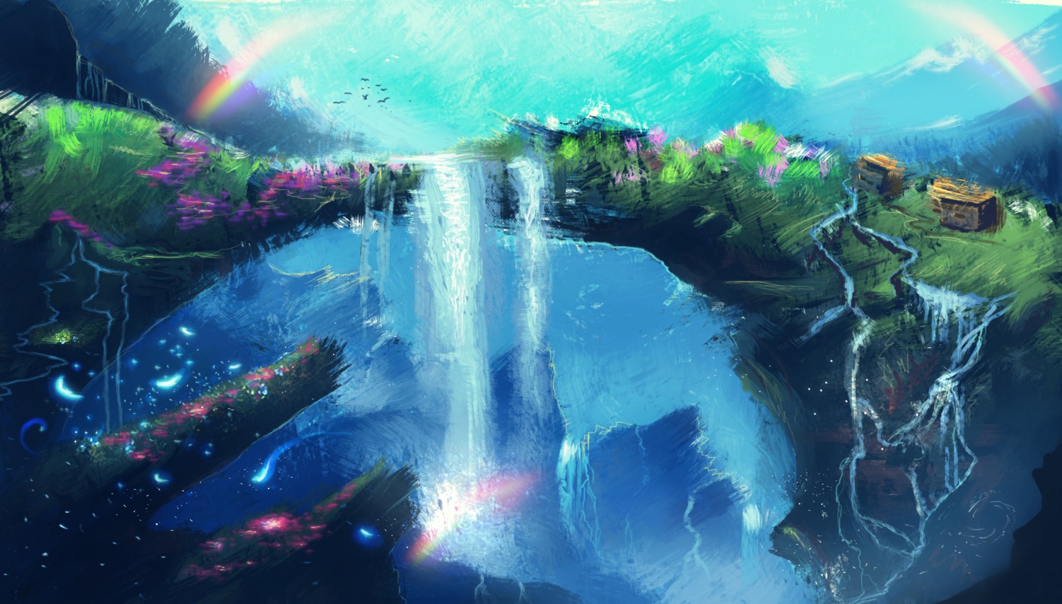 art fantasy waterfall flower rainbow bird