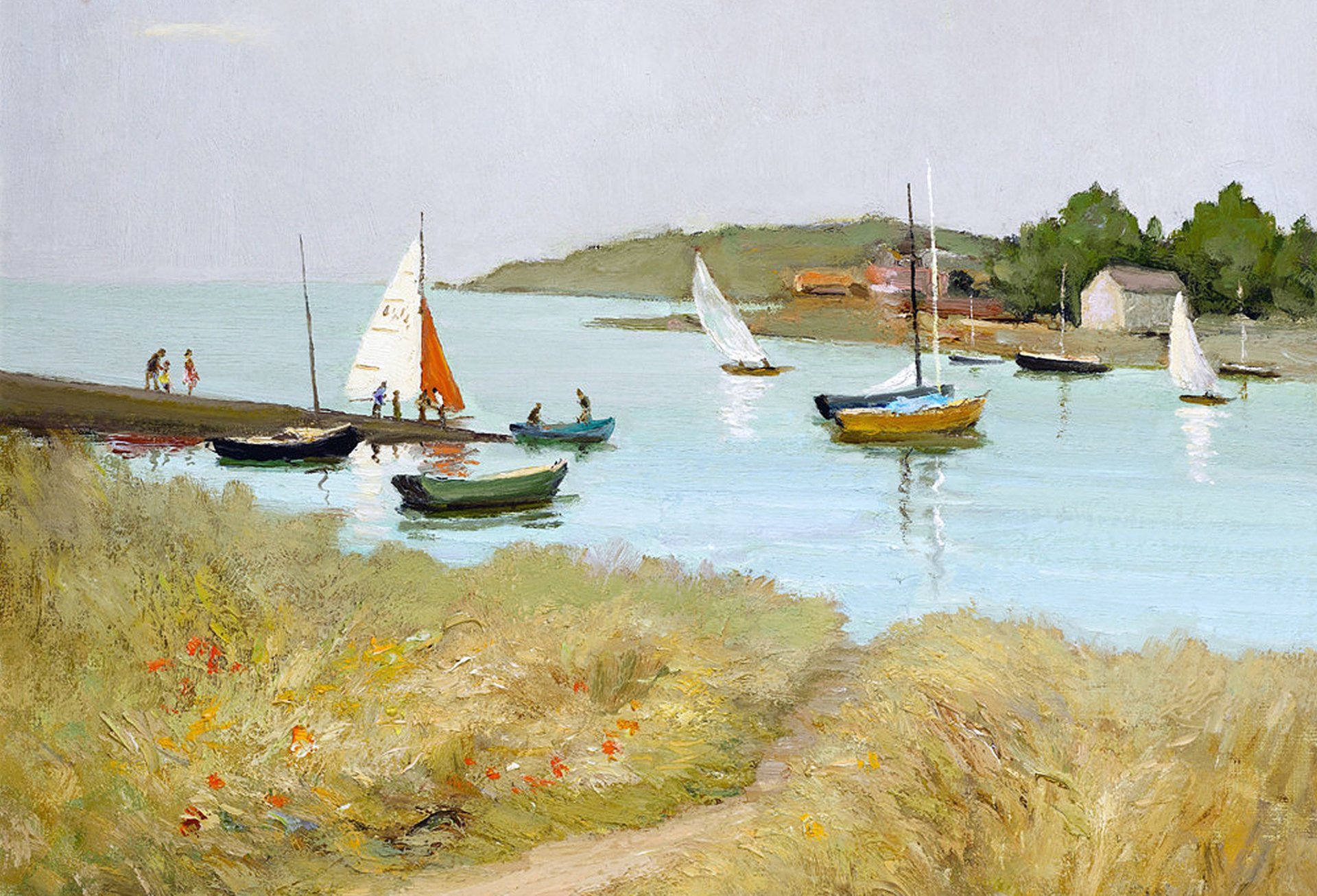 marcel dif paso de san armel pintura paisaje costa mar barcos hierba flores personas