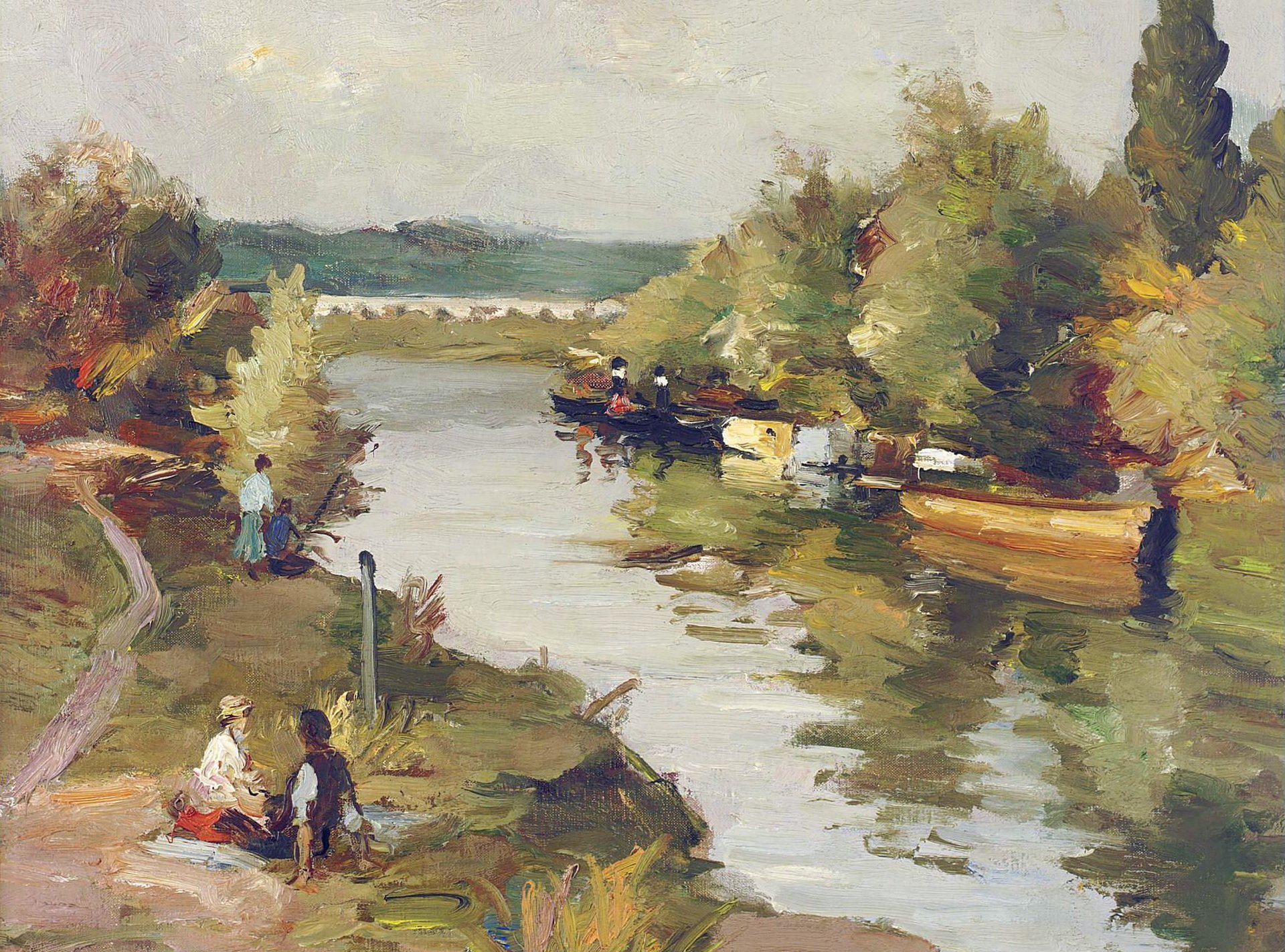 marcel dif amanti sulla riva del fiume pittura paesaggio fiume alberi persone barca sentiero