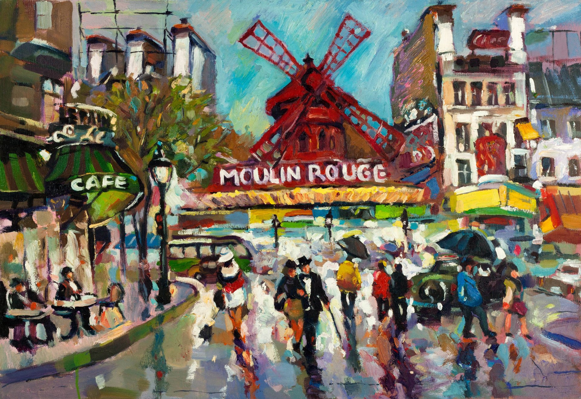 art painting pattern town paris france rain place pigalle cafe people boulevard clichy moulin rouge red mill famous classic cabaret contemporary impressionism colored paint strokes canvas oil