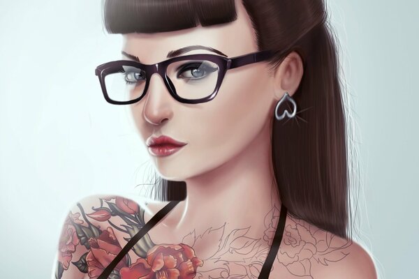 Art image of a girl with glasses and a tattoo on her shoulder in the form of a flower