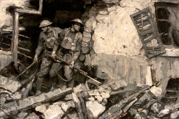 Agguato di soldati nelle rovine della città durante la prima guerra mondiale