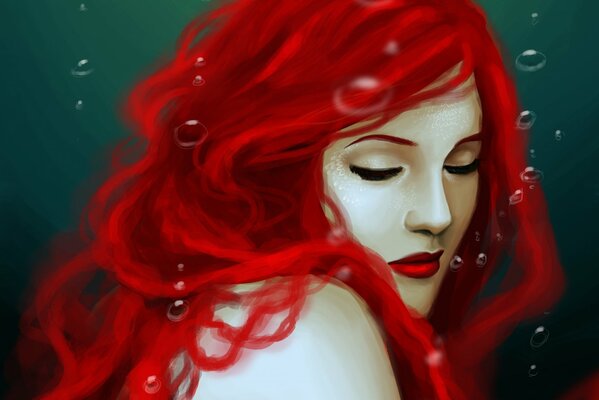 Arte sirena con pelo rojo