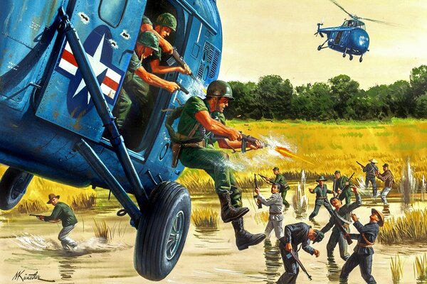 Illustration de mort Kunstler débarquant d un hélicoptère