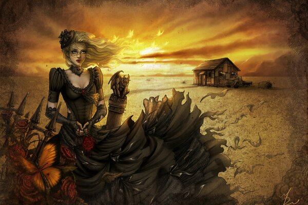 A gothic girl in a black dress and hat on the background of a house and sunset