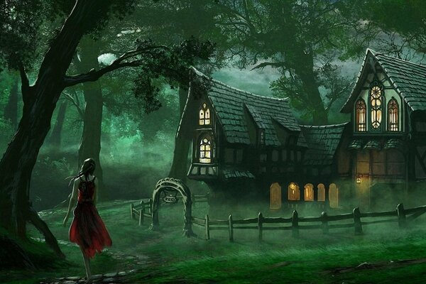 The girl goes to the house in the forest