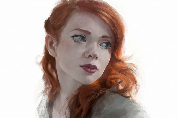 A beautiful portrait of a red-haired girl with a thoughtful look