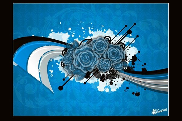 A stream of creative stripes with blue roses with spokes and blots