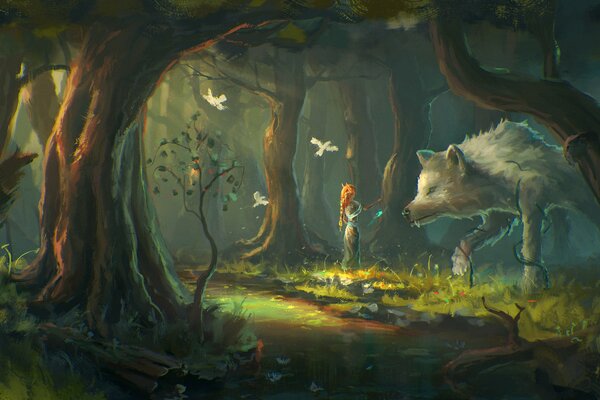 A girl and a wolf in the middle of the forest