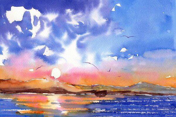 Paysage marin aquarelle. Mouettes