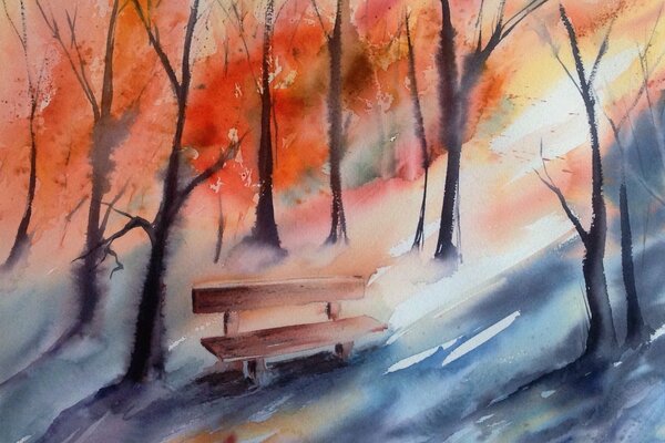 Watercolor painting of an autumn forest with a bench