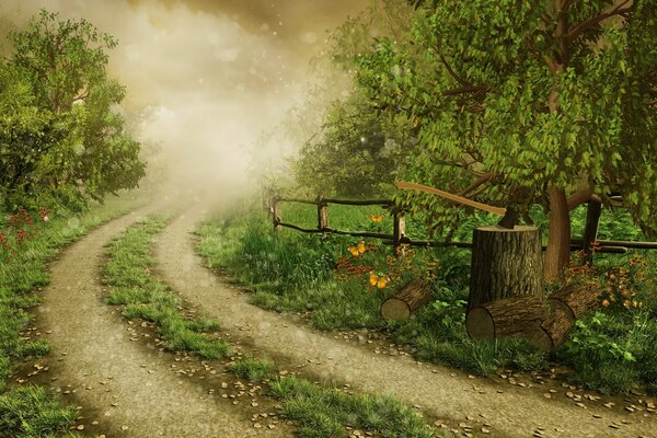 Drawing forest road in fog