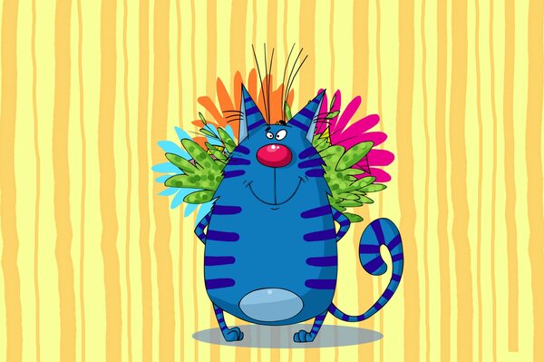 Art. Divertido gato azul con un ramo de flores detrás de la espalda