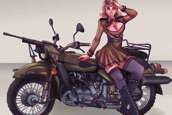 Imagen de una chica rubia en una motocicleta con una ametralladora